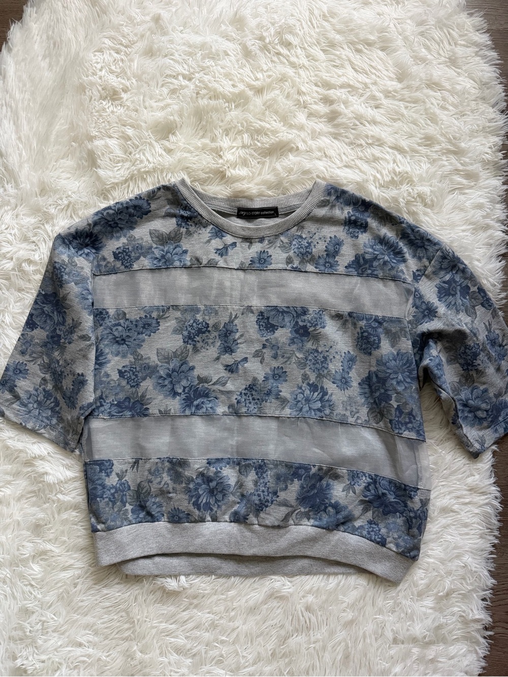 Blue Floral Mesh Panel Short Sleeve Top